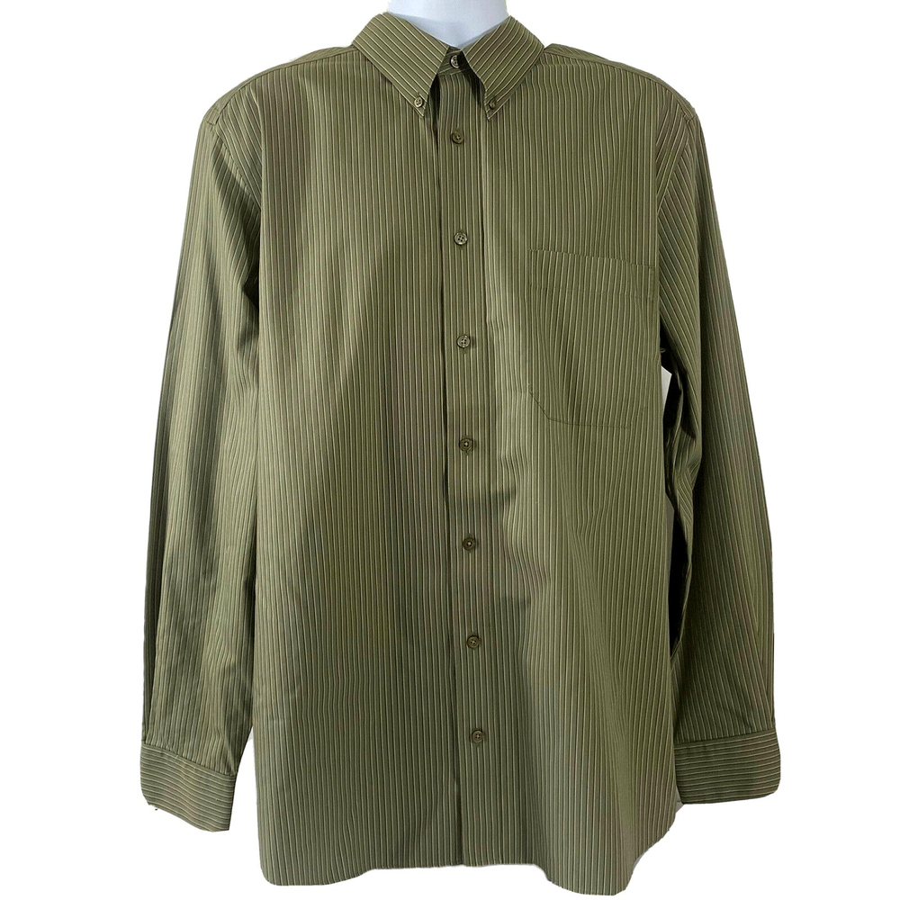 Mens Eddie Bauer Wrinkle Resistant Green Striped Button Down Shirt-Size Tall L